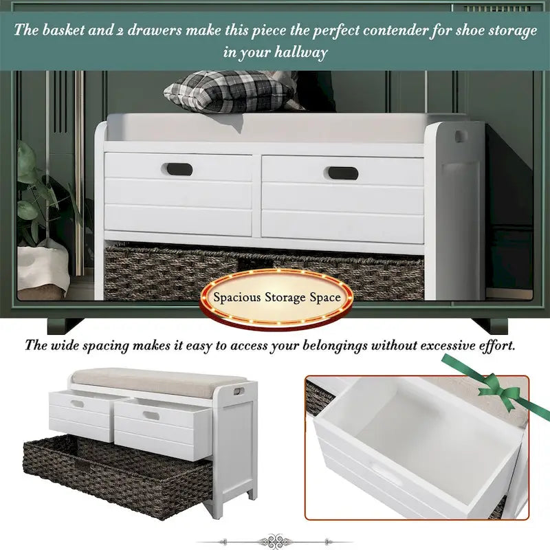 Wood Storage Bench with 2 Woven Baskets and 2 Drawers Acacia Frame