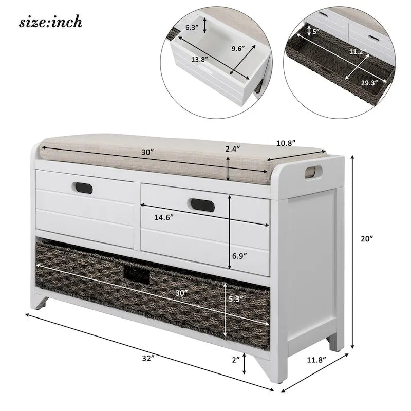 Wood Storage Bench with 2 Woven Baskets and 2 Drawers Acacia Frame