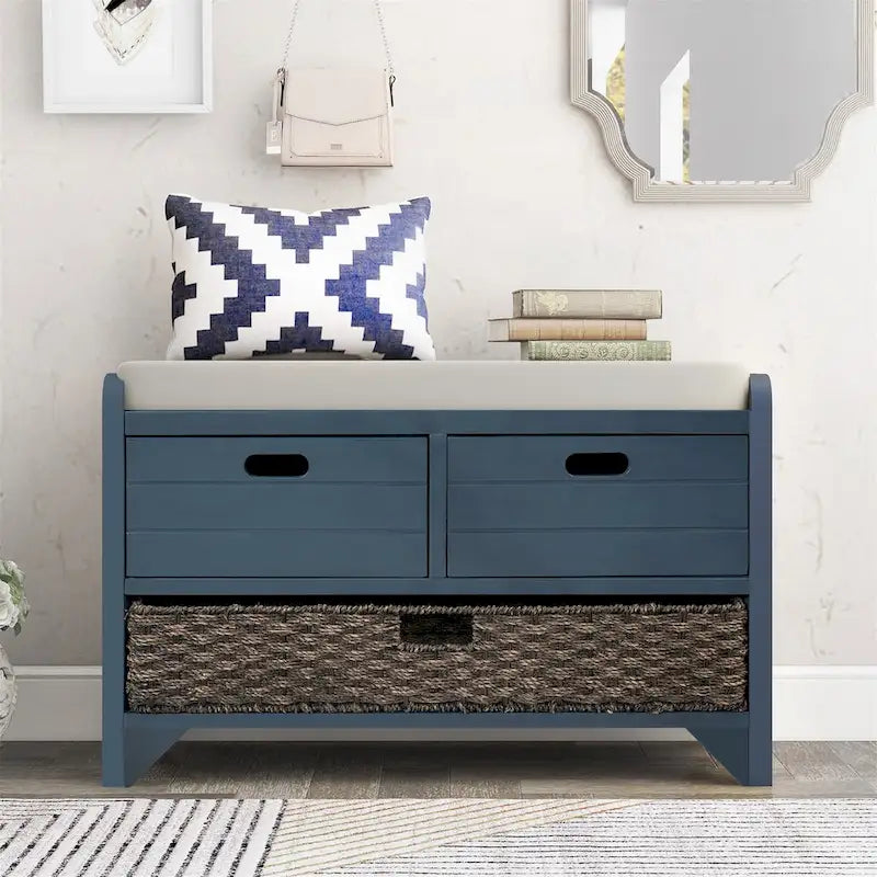 Wood Storage Bench with 2 Woven Baskets and 2 Drawers Acacia Frame