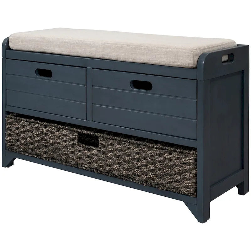 Wood Storage Bench with 2 Woven Baskets and 2 Drawers Acacia Frame