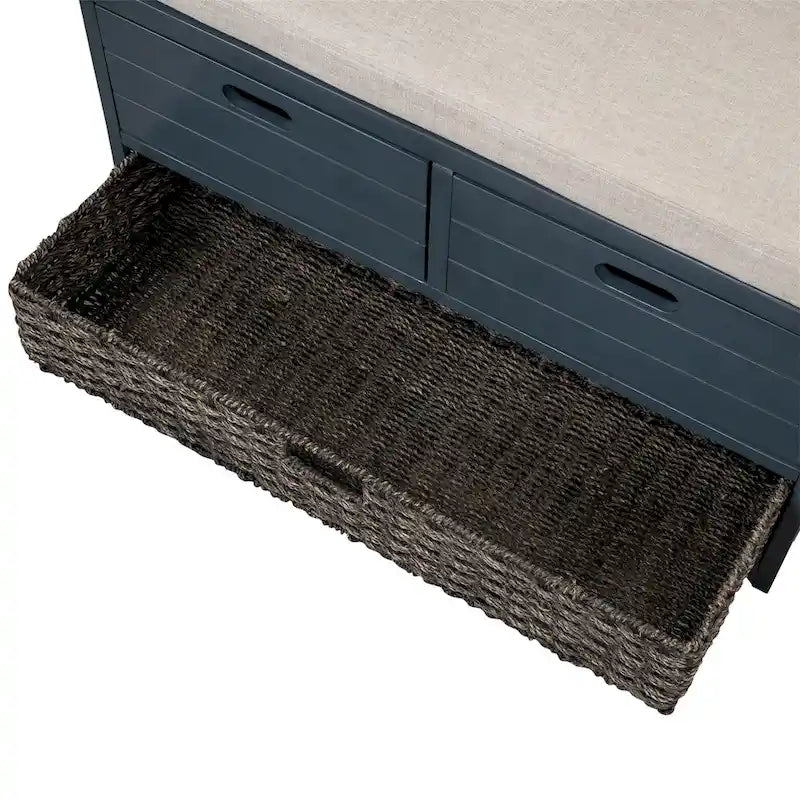 Wood Storage Bench with 2 Woven Baskets and 2 Drawers Acacia Frame
