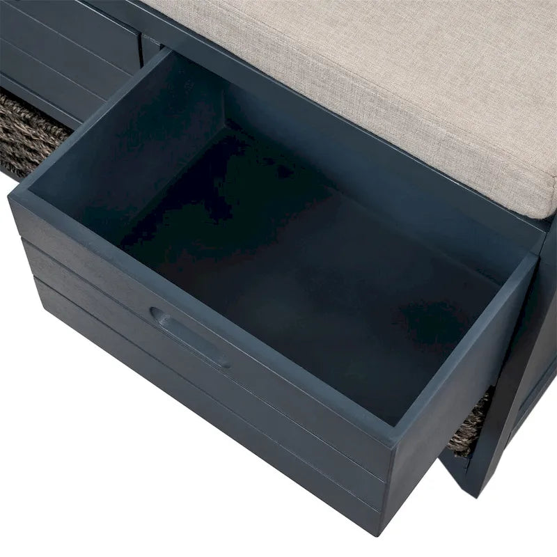 Wood Storage Bench with 2 Woven Baskets and 2 Drawers Acacia Frame