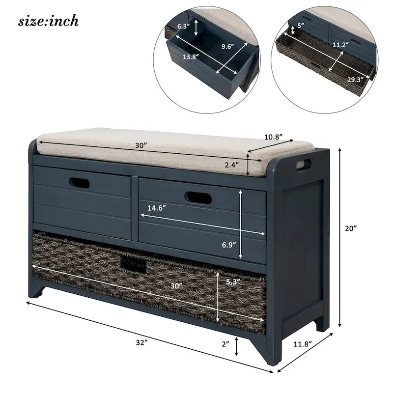 Wood Storage Bench with 2 Woven Baskets and 2 Drawers Acacia Frame