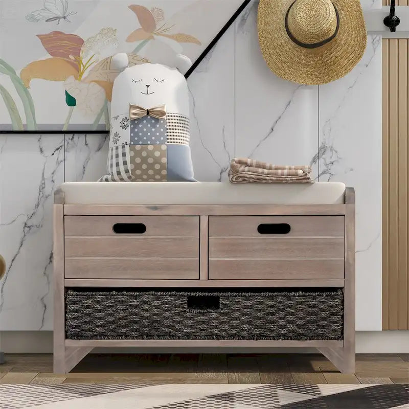 Wood Storage Bench with 2 Woven Baskets and 2 Drawers Acacia Frame