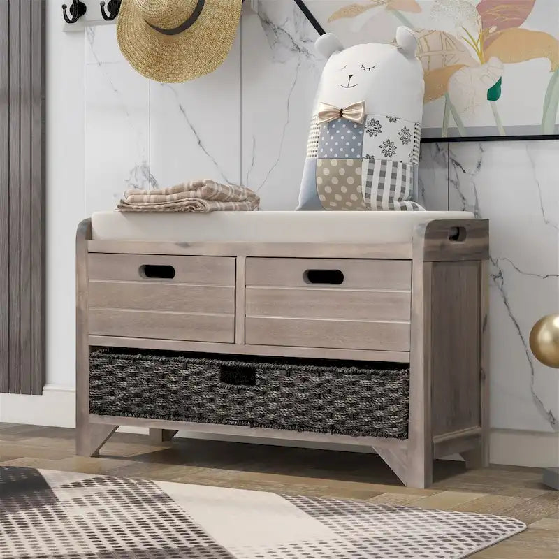 Wood Storage Bench with 2 Woven Baskets and 2 Drawers Acacia Frame