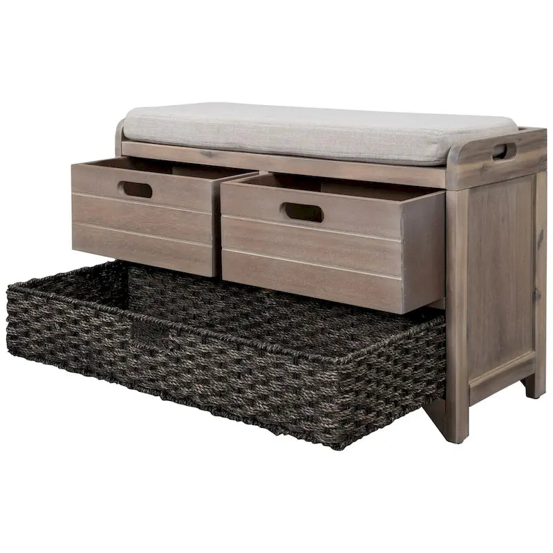 Wood Storage Bench with 2 Woven Baskets and 2 Drawers Acacia Frame