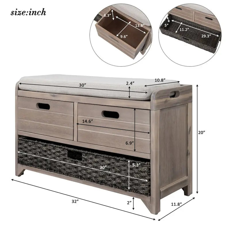 Wood Storage Bench with 2 Woven Baskets and 2 Drawers Acacia Frame