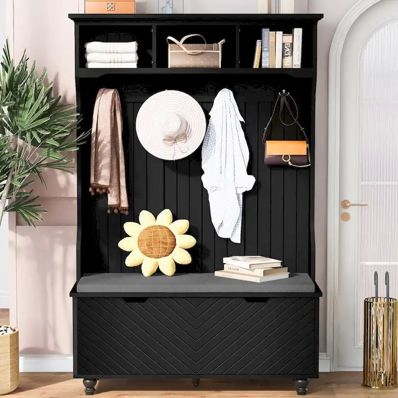 47.2 Entryway Bench with Coat Rack, Cushion and 4 Sturdy Hooks for Hallway, Entryway, Living Room