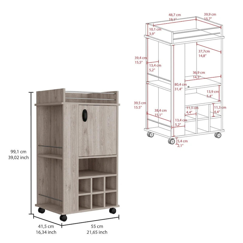 Bar Cart with Cabinet,Wine Cabinet,Liquor Cabinet,6 Built-in Wine Rack and Casters