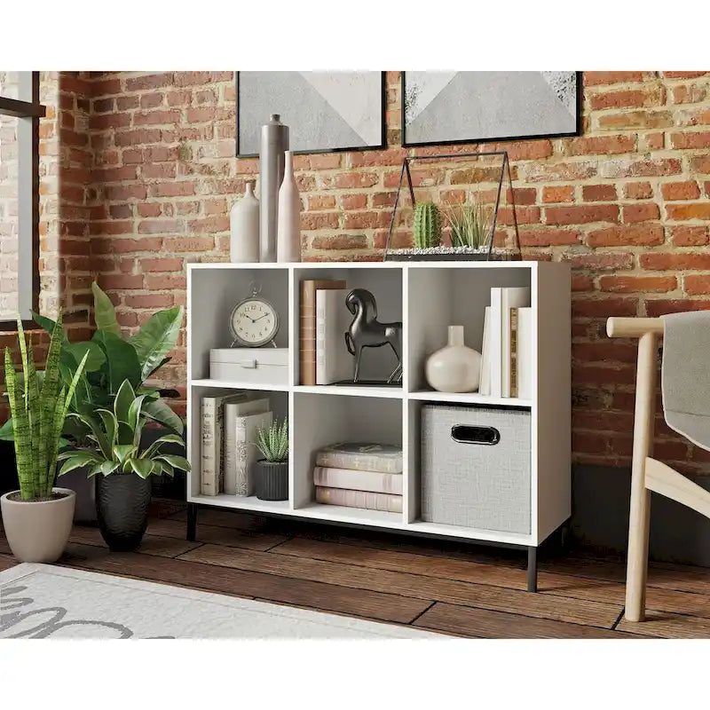 6-Cube Organizer Bookshelf with Storage White and Black Metal Base
