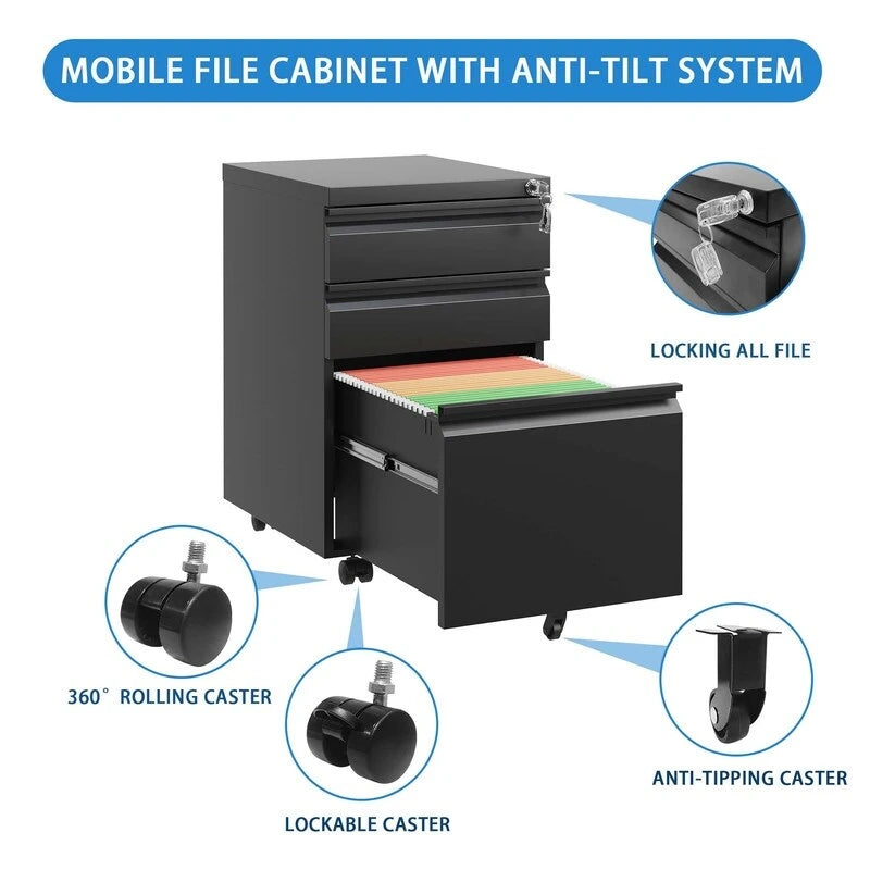 3 Drawer Mobile Metal Filing Cabinets with Lock for Home Office,Letters/Legal/A4