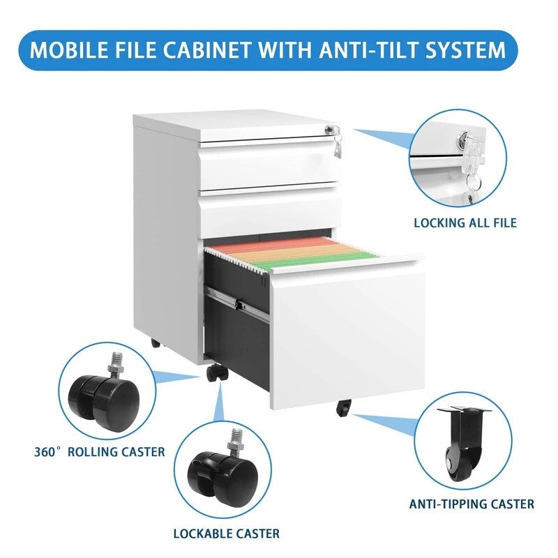 3 Drawer Mobile Metal Filing Cabinets with Lock for Home Office,Letters/Legal/A4
