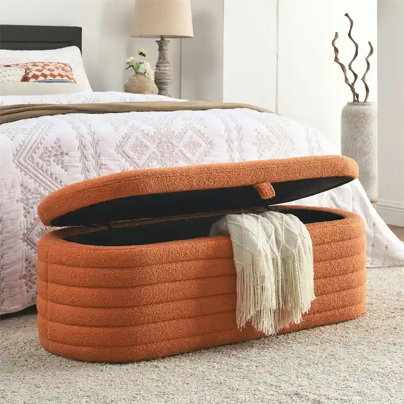 Storage Ottoman Bench Upholstered Storage Bench End of Bed Stool w/Safety Hinge