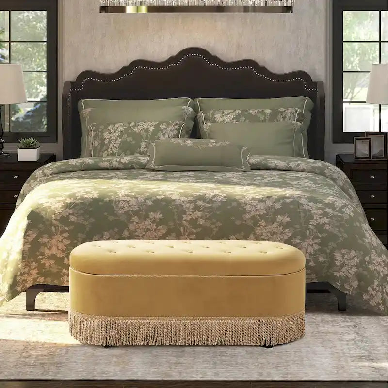 48.5 Upholstered Tufted Oval Storage Bench with Bullion Fringe