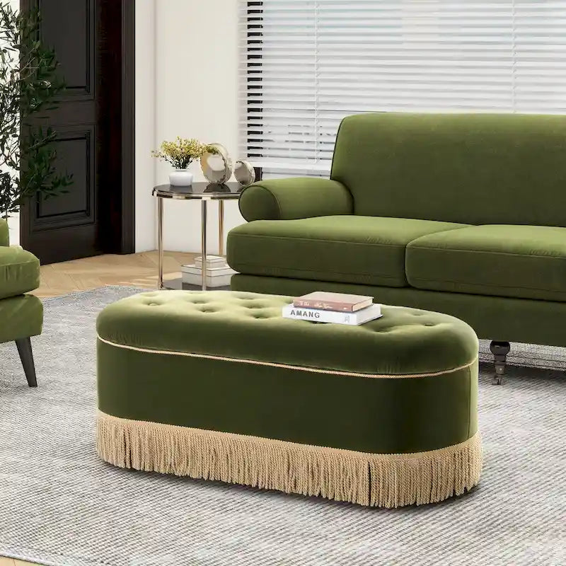 48.5 Upholstered Tufted Oval Storage Bench with Bullion Fringe
