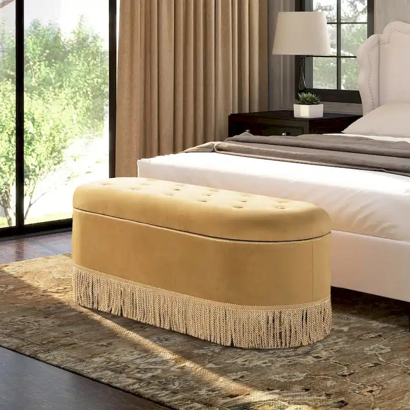 48.5 Upholstered Tufted Oval Storage Bench with Bullion Fringe