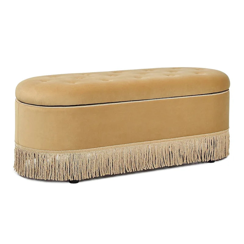 48.5 Upholstered Tufted Oval Storage Bench with Bullion Fringe