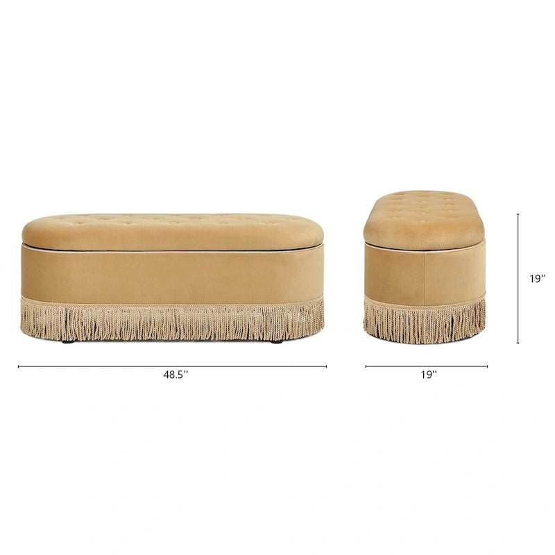 48.5 Upholstered Tufted Oval Storage Bench with Bullion Fringe