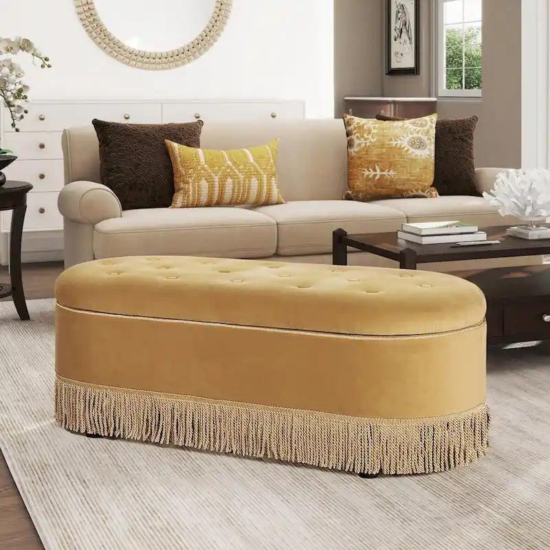 48.5 Upholstered Tufted Oval Storage Bench with Bullion Fringe