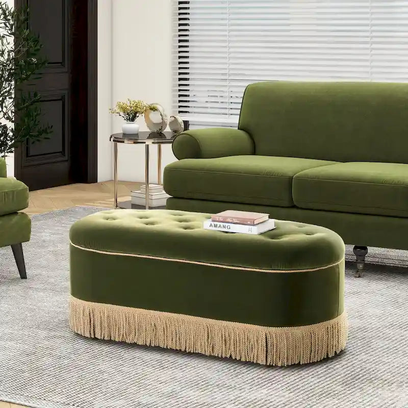 48.5 Upholstered Tufted Oval Storage Bench with Bullion Fringe