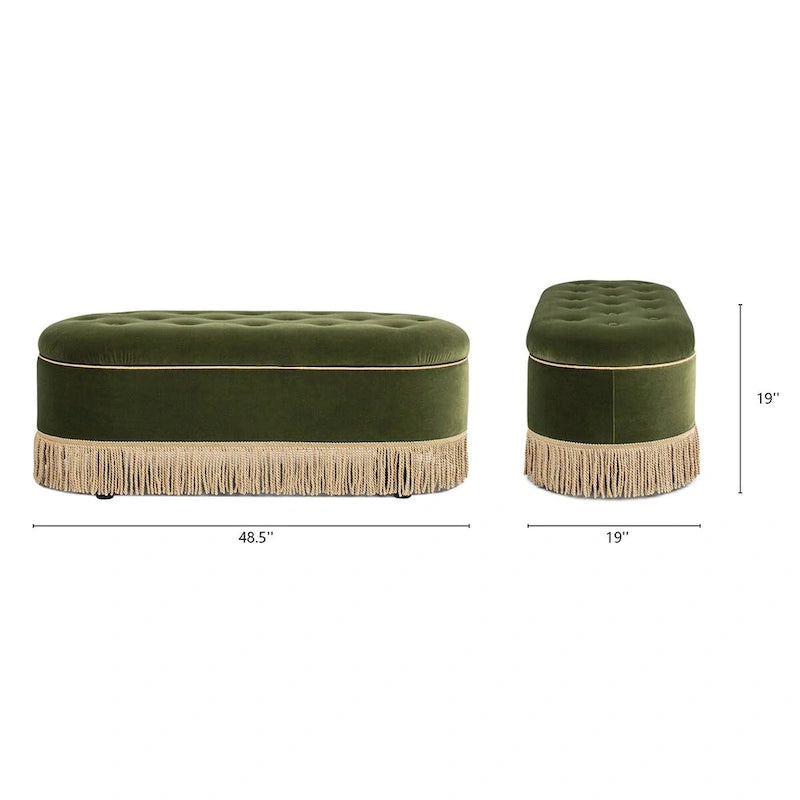 48.5 Upholstered Tufted Oval Storage Bench with Bullion Fringe