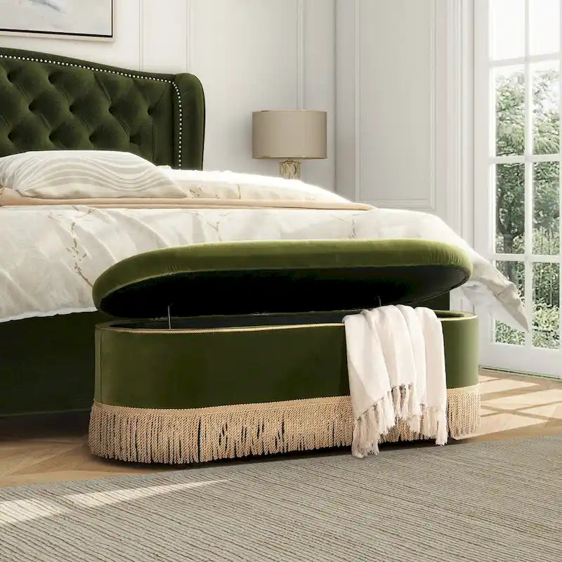 48.5 Upholstered Tufted Oval Storage Bench with Bullion Fringe