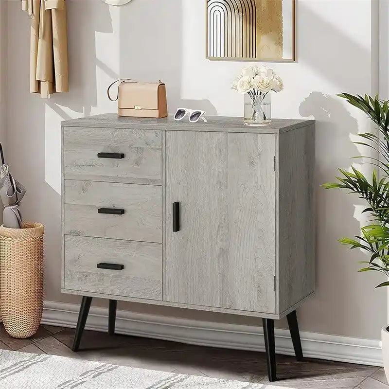 Armário de Arrumação com Porta de Rattan e 3 Gavetas - 30P x 80L x 78A