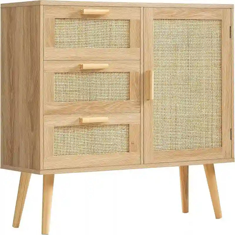 Armário de Arrumação com Porta de Rattan e 3 Gavetas - 30P x 80L x 78A