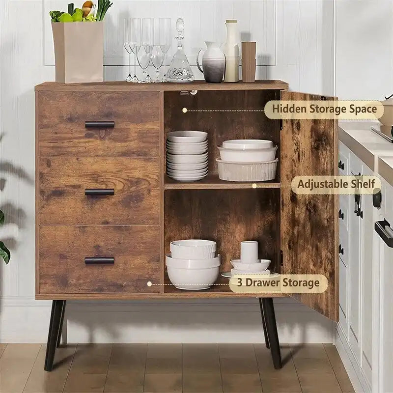 Storage Cabinet with Rattan Door 3 Drawers - 11.8D x 31.5W x 30.7H