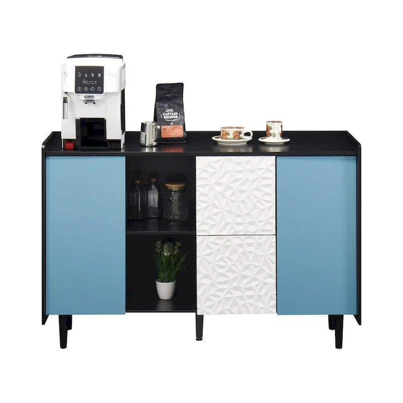 Sideboard Buffet Cabinet with Blue Doors, 2 Drawers and 2 Open Compartments