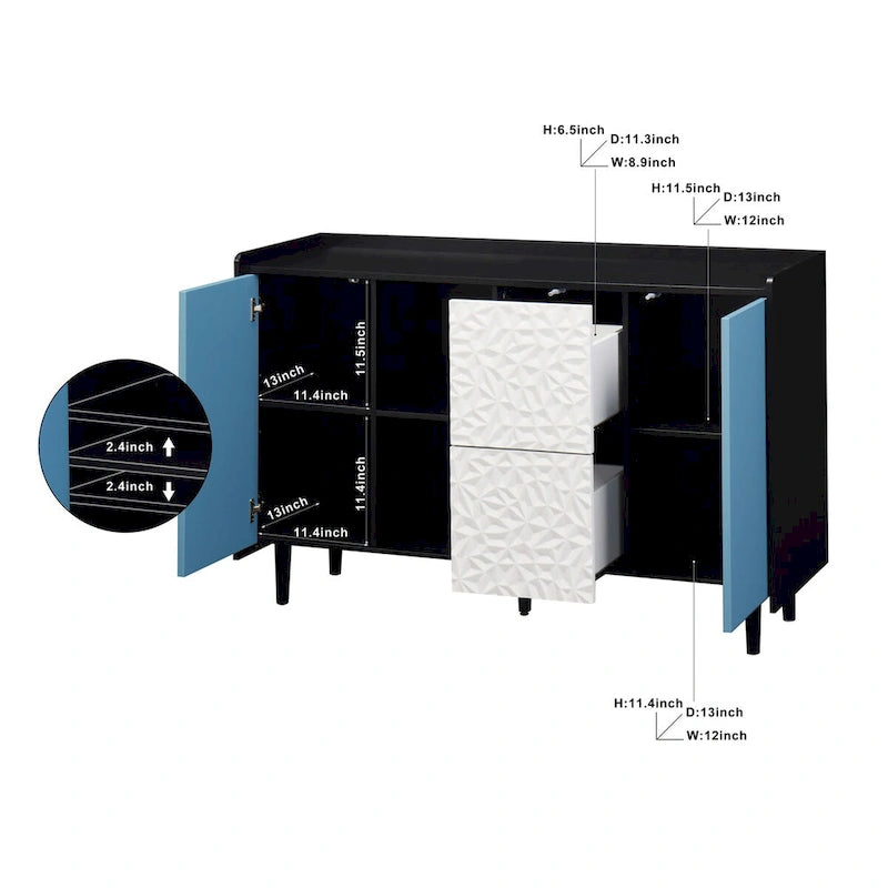 Sideboard Buffet Cabinet with Blue Doors, 2 Drawers and 2 Open Compartments