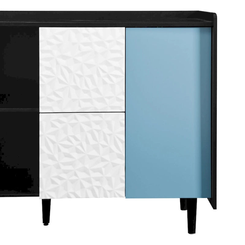 Sideboard Buffet Cabinet with Blue Doors, 2 Drawers and 2 Open Compartments