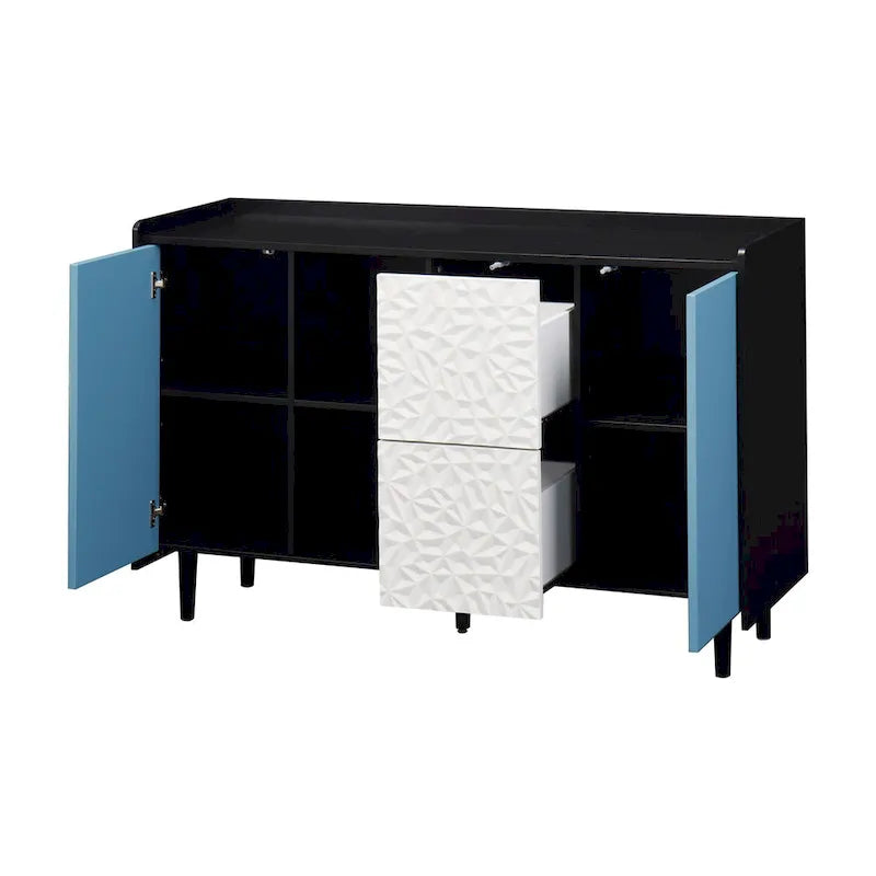 Sideboard Buffet Cabinet with Blue Doors, 2 Drawers and 2 Open Compartments