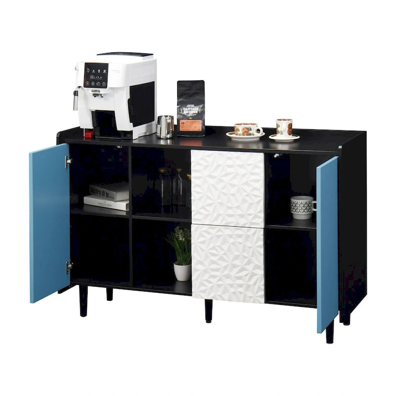 Sideboard Buffet Cabinet with Blue Doors, 2 Drawers and 2 Open Compartments