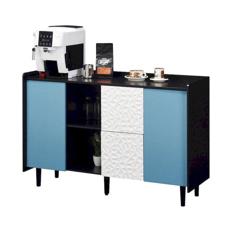 Sideboard Buffet Cabinet with Blue Doors, 2 Drawers and 2 Open Compartments