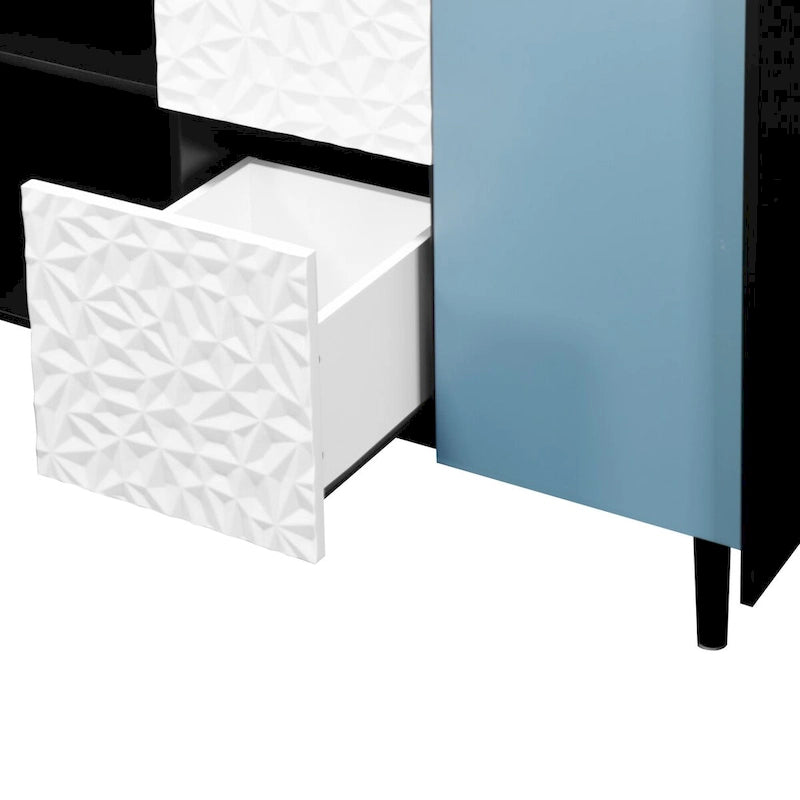 Sideboard Buffet Cabinet with Blue Doors, 2 Drawers and 2 Open Compartments