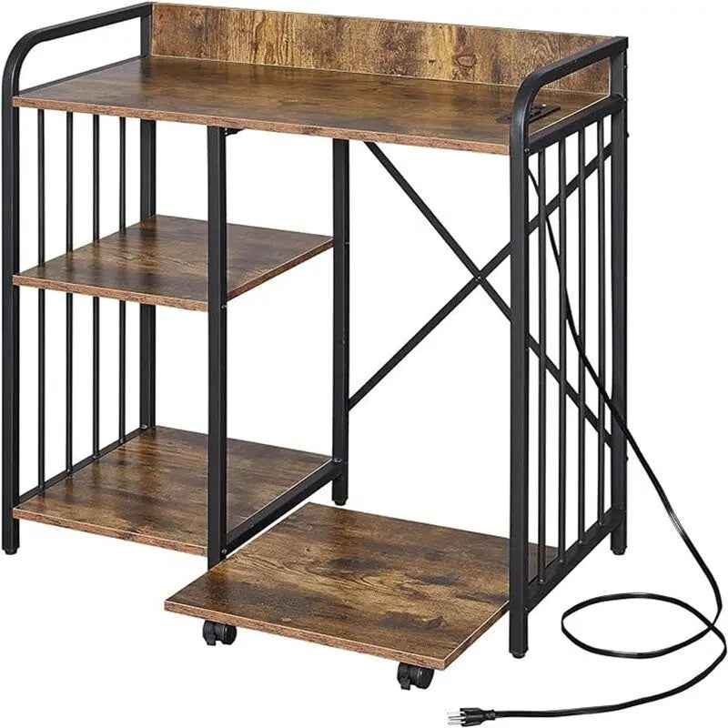 Suporte para Impressora, Prateleiras Laterais de Escritório de 3 Níveis com Tomada e Porta de Carregamento USB - 78,7 x 39,9 x 85,9 cm