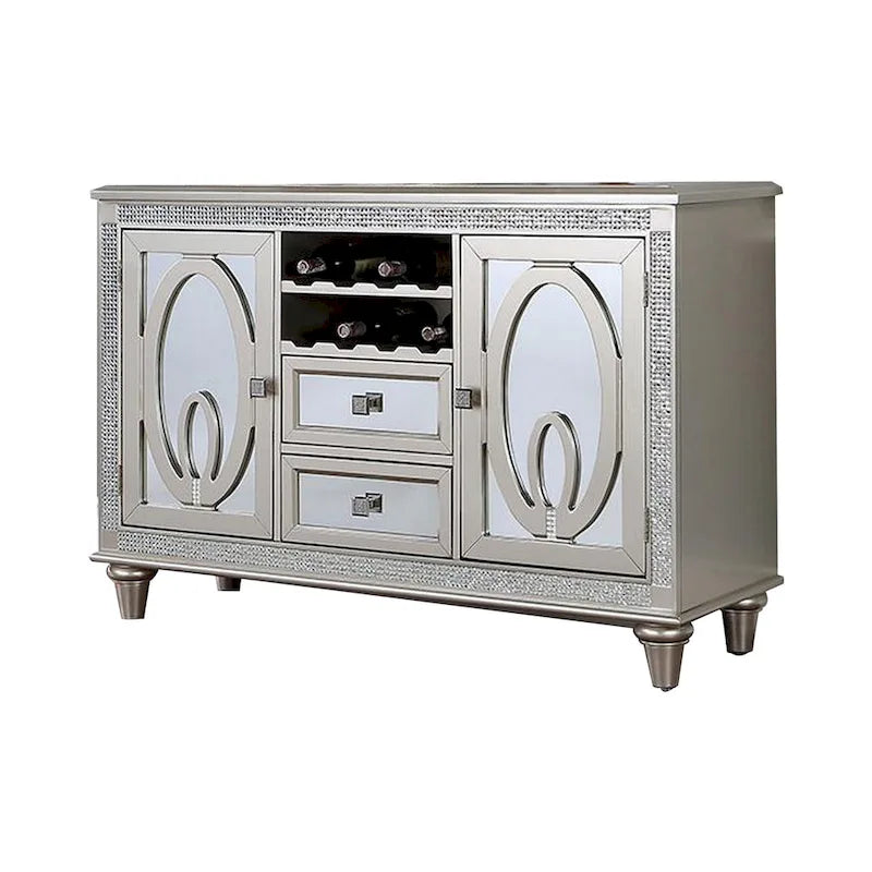 54 Inch Buffet Server Console, 2 Doors, Wine Rack, Mirrored, Silver