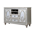 54 Inch Buffet Server Console, 2 Doors, Wine Rack, Mirrored, Silver