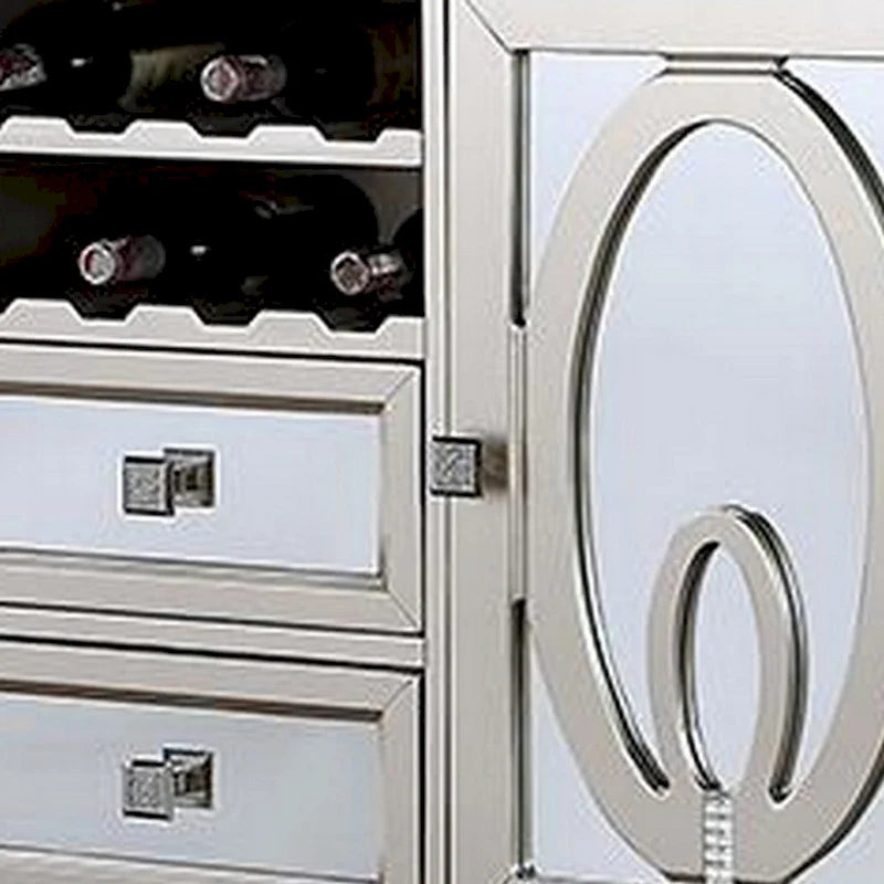 54 Inch Buffet Server Console, 2 Doors, Wine Rack, Mirrored, Silver