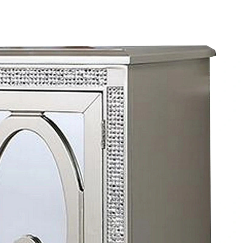 54 Inch Buffet Server Console, 2 Doors, Wine Rack, Mirrored, Silver