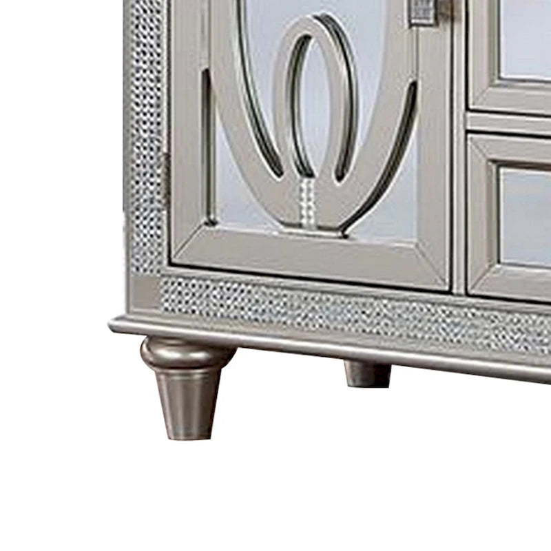 54 Inch Buffet Server Console, 2 Doors, Wine Rack, Mirrored, Silver
