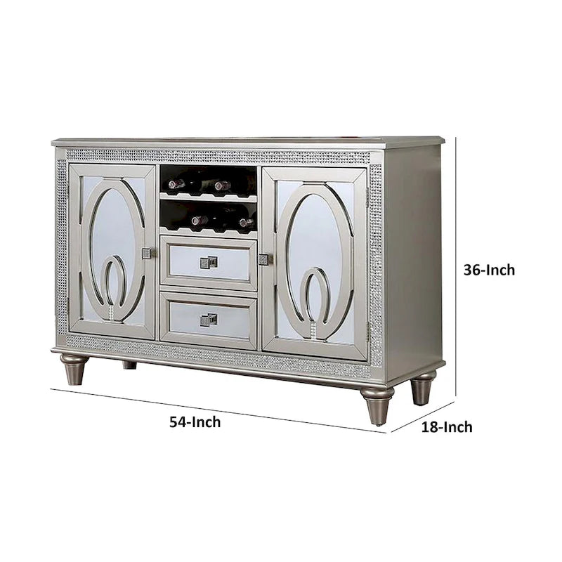 54 Inch Buffet Server Console, 2 Doors, Wine Rack, Mirrored, Silver