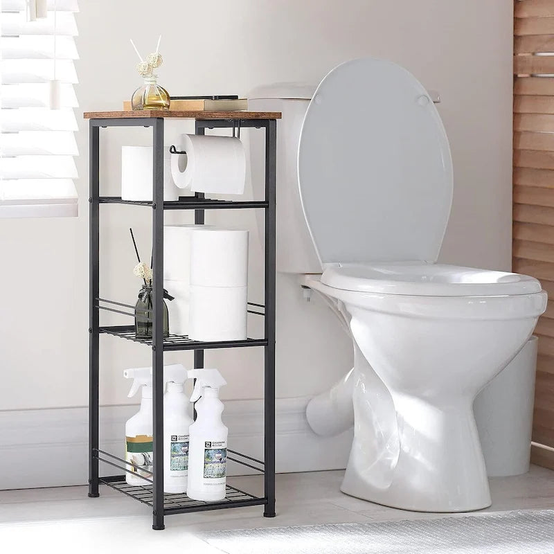 4-Tier Bathroom Storage Shelf with Toilet Paper Holder and Adjustable Foot