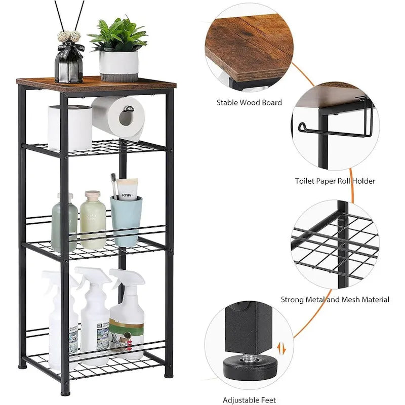 4-Tier Bathroom Storage Shelf with Toilet Paper Holder and Adjustable Foot