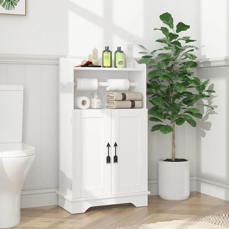 Bathroom Storage Cabinet, Wooden Floor Cabinet with 2 Doors and Toilet Roll Holder, Adjustable Shelf