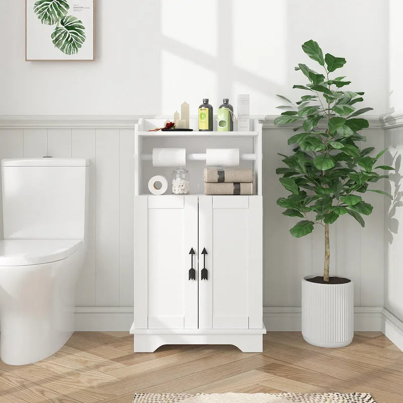 Bathroom Storage Cabinet, Wooden Floor Cabinet with 2 Doors and Toilet Roll Holder, Adjustable Shelf
