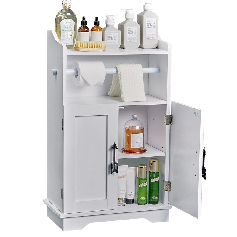 Bathroom Storage Cabinet, Wooden Floor Cabinet with 2 Doors and Toilet Roll Holder, Adjustable Shelf