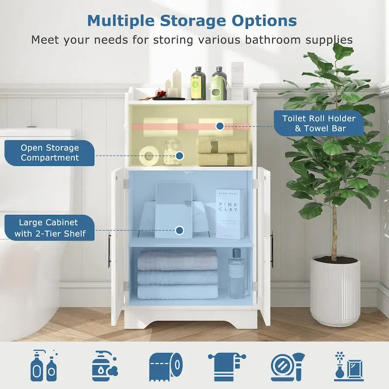 Bathroom Storage Cabinet, Wooden Floor Cabinet with 2 Doors and Toilet Roll Holder, Adjustable Shelf
