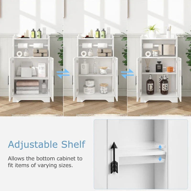Bathroom Storage Cabinet, Wooden Floor Cabinet with 2 Doors and Toilet Roll Holder, Adjustable Shelf